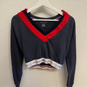 Tommy Hilfiger Logo Gray Cropped Hoodie Sweatshirt V-Neck Sz XS Urban Outfitters